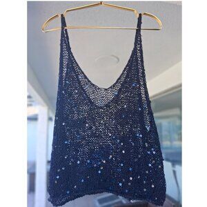 AUTHENTIC HAND-KNIT CROCHET MESH TANK TOP, SIZE MEDIUM, NAVY BLUE